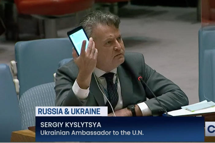 Ukrainian Ambassador to the United Nations Sergiy Kyslytsya raises his phone and shakes it toward the Russian representative, imploring him to call off the war.