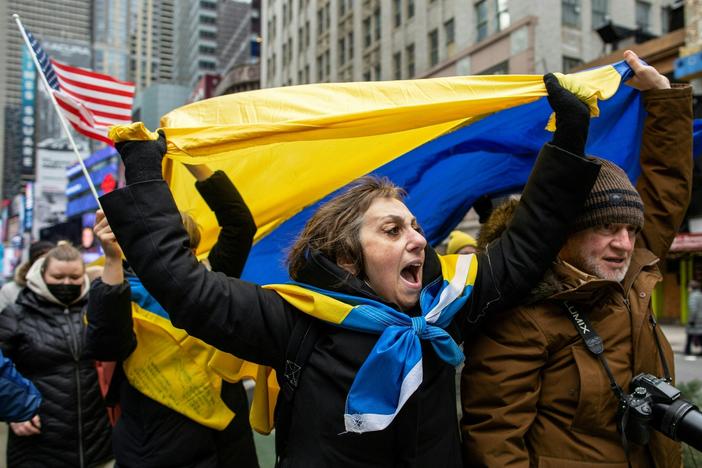 Demonstrators rally in New York City's Times Square in support of Ukraine on Thursday.