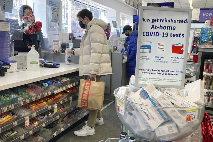 At-home coronavirus tests are for sale in a drugstore in the Morningside Heights neighborhood of Manhattan in New York City on Feb. 6.