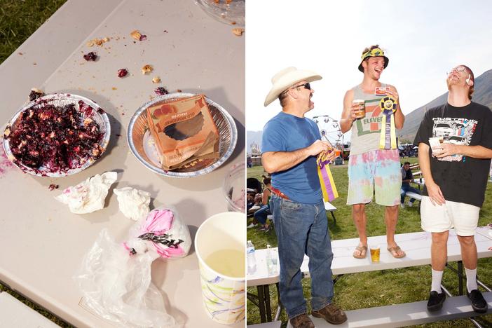 Winners celebrate after the Teton County Fair's pie-eating contest in Jackson, Wyo., on Aug. 1, 2021.