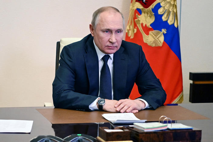 Russian President Vladimir Putin chairs a Security Council meeting via teleconference call on March 3.