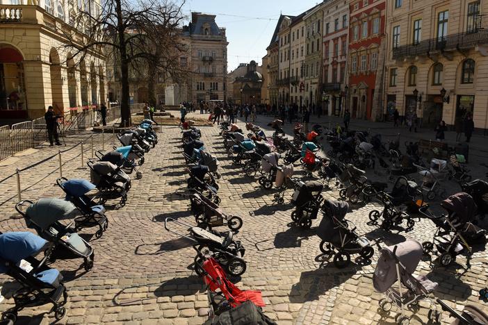 In a picture taken on Friday, 109 empty strollers are seen arrayed outside the Lviv City Council, highlighting the number of children killed in the ongoing Russian invasion of Ukraine.