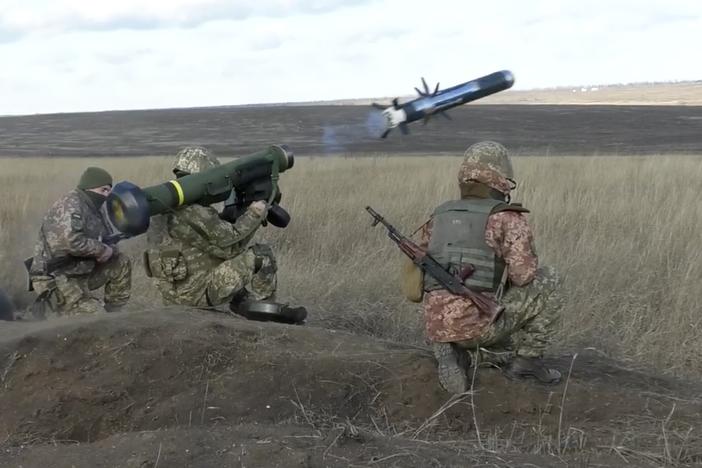 A Ukrainian soldier fires a U.S.-made Javelin missiles during a training exercise in January. The Ukrainians have used the Javelins to repeatedly take out Russian tanks and other armored vehicles.