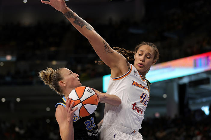 Brittney Griner, pictured blocking Courtney Vandersloot, was arrested upon her arrival at an airport outside of Moscow. Russian officials claim she was transporting hash oil vape cartridges in her luggage - a charge that carries up to 10 years in prison.