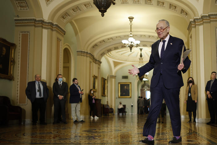 Senate Majority Leader Chuck Schumer, D-N.Y., arrives for a news conference following the weekly Senate Democratic policy luncheon at the U.S. Capitol on March 29.