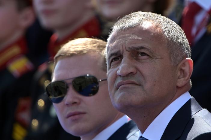 President of South Ossetia Anatoly Bibilov (right) during the Victory Day military parade marking the 75th anniversary of the victory in World War II, on June 24, 2020 in Moscow.