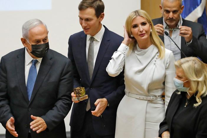 Jared Kushner is seen here talking with Israel's opposition leader and ex-premier Benjamin Netanyahu, left, with his wife Ivanka Trump at the Knesset in Jerusalem on Oct. 11, 2021. Kushner, a senior adviser to former President Trump, appeared before the House Jan. 6 select committee on March 31, 2022.