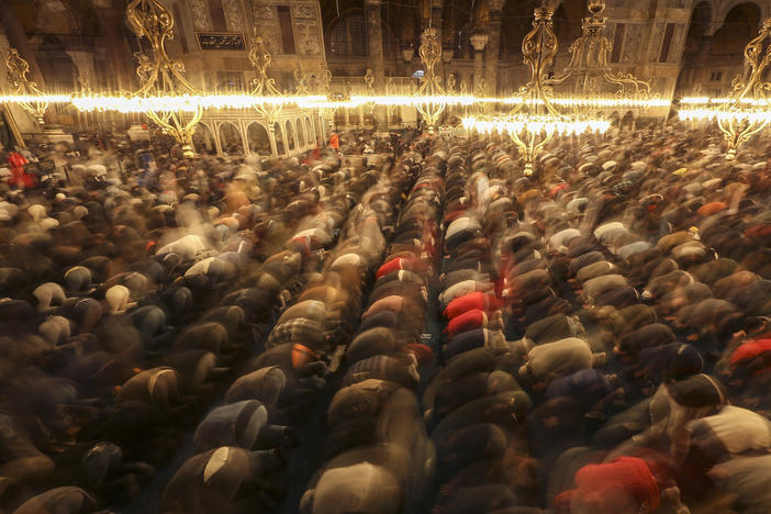 <strong>Istanbul, Turkey:</strong> Muslim worshippers perform a night prayer called 'tarawih' during the eve of the first day of the Muslim holy fasting month of Ramadan  at Hagia Sophia mosque on Friday, April 1, 2022.