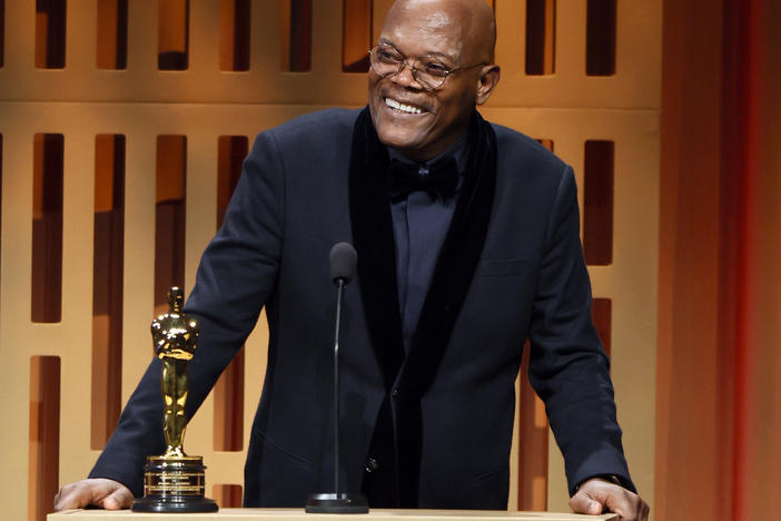 Samuel L. Jackson accepts his first Oscar, an honorary lifetime achievement award, during the 2022 Governors Awards at The Ray Dolby Ballroom last month in Hollywood, Calif.