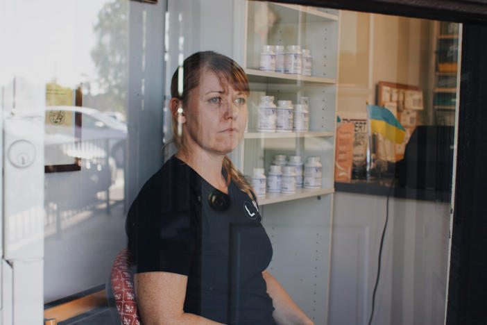 Iryna Merezhko at the Los Angeles pharmacy where she works.