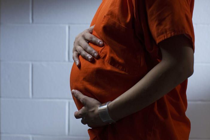 A pregnant female inmate at the Western Massachusetts Regional Women's Correctional Center in Chicopee, Mass., poses for a portrait in the facility's visiting area in 2014.