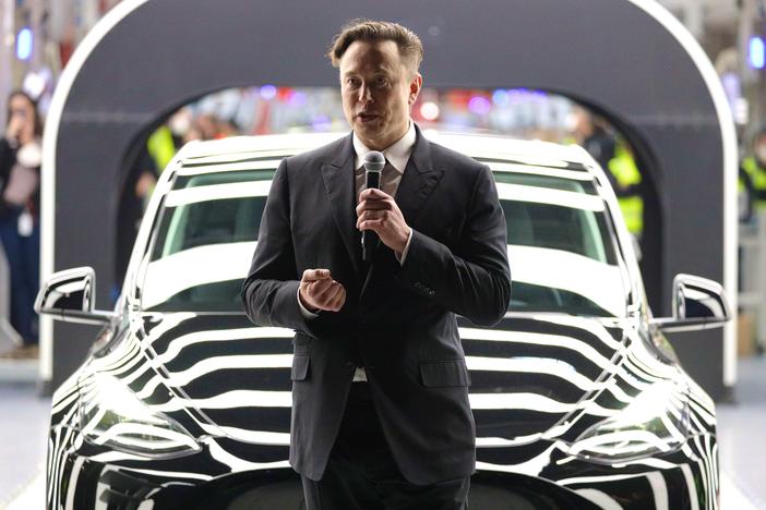 Tesla CEO Elon Musk speaks during the official opening of the new Tesla electric car manufacturing plant near Gruenheide, Germany, on March 22. Tesla shares sank on Tuesday, a day after Twitter accepted a takeover offer from Musk.