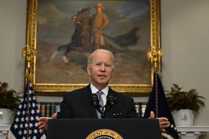 President Biden speaks in the  Roosevelt Room of the White House earlier this month.