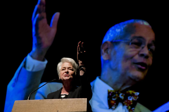 Activist Heather Booth and the Jane Collective, an underground abortion service, provided thousands of women with abortions before <em>Roe v. Wade</em>. Here, she speaks in 2015 during the memorial service for civil rights leader Julian Bond.