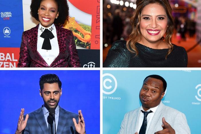 Clockwise from top left: Amber Ruffin, Cristela Alonzo, Trevor Noah, Ali Wong, Roy Wood Jr. and Hasan Minhaj could be successors to James Corden on <em>The Late Late Show.</em>