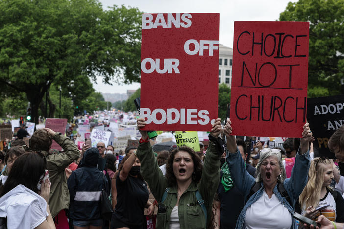 Abortion-rights demonstrators yell as they walk down Constitution Avenue during the Bans Off Our Bodies March on Saturday in Washington, D.C.