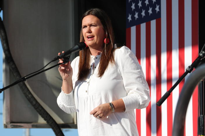 Arkansas GOP primary candidate for governor, Sarah Huckabee Sanders, speaks to a crowd of supporters on Sept. 6, 2021, in Benton, Ark., her first campaign appearance after announcing her candidacy.