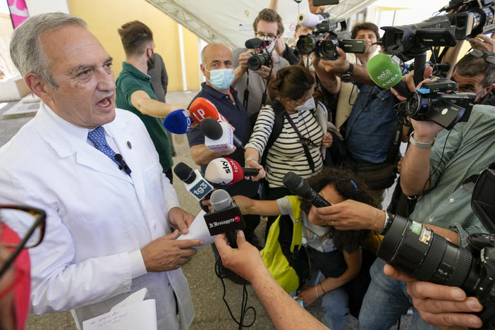 Spallanzani infectious disease hospital Director Francesco Vaia talks to reporters at the end of a news conference Friday in Rome.