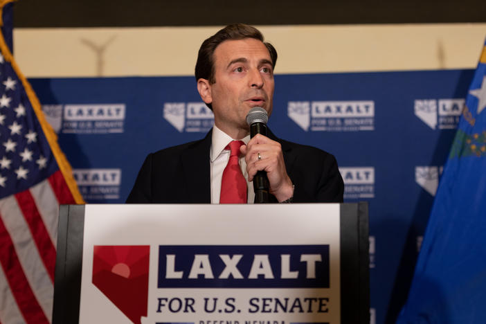 Nevada Republican U.S. Senate nominee Adam Laxalt speaks to a crowd on election night Tuesday in Reno, Nev.