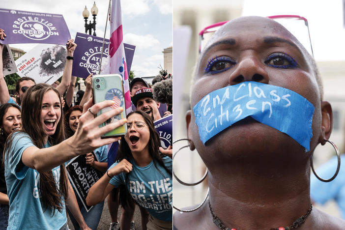 (L) Pro-life protesters reacts to the decision of Roe vs Wade being overturned at the US Supreme Court; (R) Pro abortion rights person with tape on mouth.