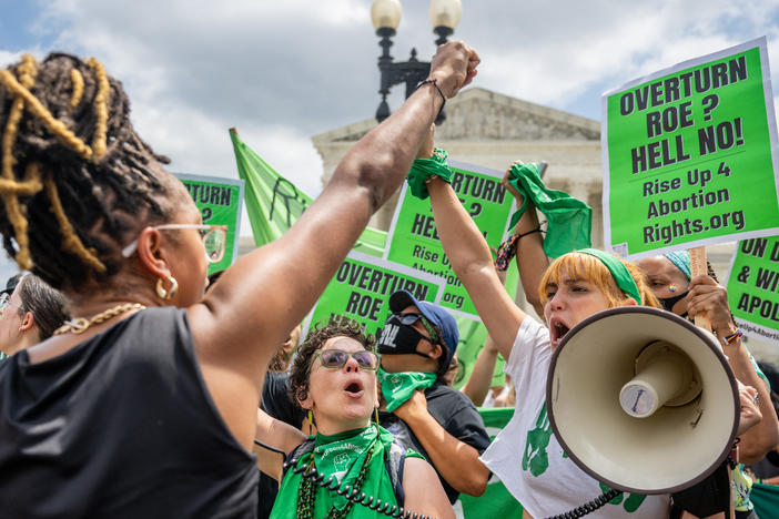Abortion rights activists clad in green and carrying green signs protest outside the Supreme Court on Saturday.