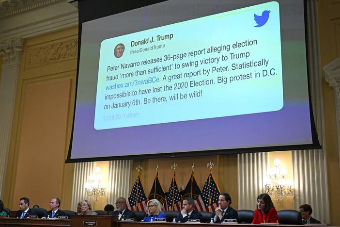 A tweet by former President Donald Trump appears on screen during a House Select Committee hearing to investigate the Jan. 6 attack on the U.S. Capitol. Court documents reveal this tweet drew rioters to Washington, D.C., that day.