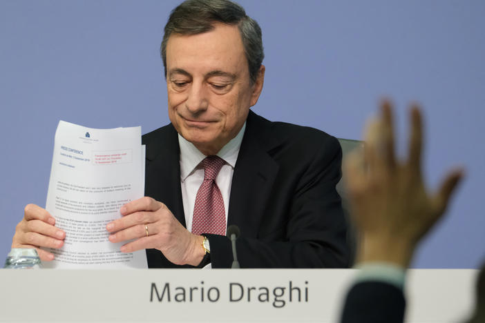 Mario Draghi, President of the European Central Bank, prepares to answer a reporter's question following a meeting of the ECB governing board on September 12, 2019 in Frankfurt am Main, Germany. Draghi announced the board had agreed to drop the ECB's key rate by 10 basis points in an effort to stimulate Eurozone economies.