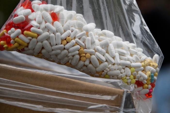 A bag of assorted pills and prescription drugs is dropped off for disposal during the Drug Enforcement Administration's National Prescription Drug Take Back Day on April 24, 2021 in Los Angeles.