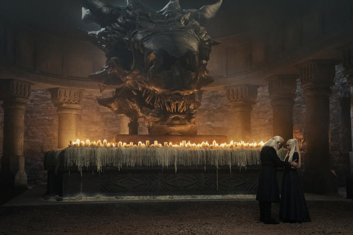 "No, I like it. It's a statement piece. Really completes the space." Viserys (Paddy Considine) and Rheanyra (Milly Alcock) in <em>House of the Dragon</em>.