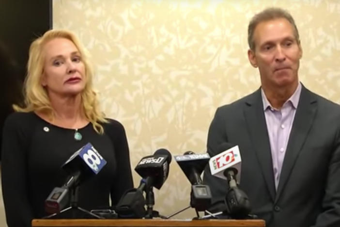 Mary Znidarsic-Nicosia and her husband Nicholas Nicosia, pictured at their press conference in Rochester, NY, on Tuesday. The two deny allegations of racism and now blame "cancel culture" for the backlash they have faced after throwing an allegedly bigoted party.