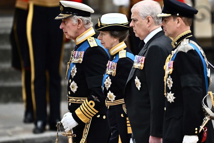 Britain's King Charles III, Britain's Princess Anne, Princess Royal, Britain's Prince Andrew, Duke of York and Britain's Prince Edward, Earl of Wessex arrive at Westminster Abbey.