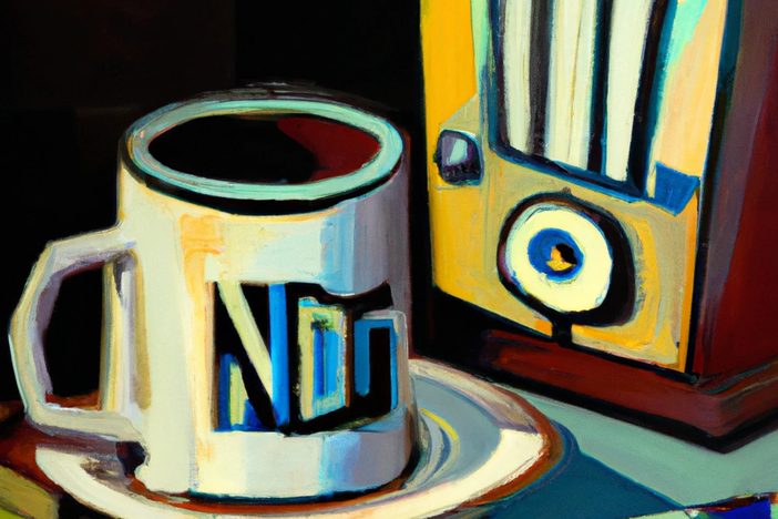 "A Cubist painting of a mug with the NPR logo on it, on a table next to a old-timey radio"