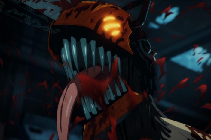 Denji (voiced by Kikunosuke Toya) wreaks havoc in <em>Chainsaw Man</em>, streaming on Crunchyroll.