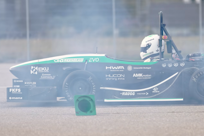 A screenshot of the GreenTeam's electric car on the track where it broke the record for fastest acceleration of an electric vehicle.
