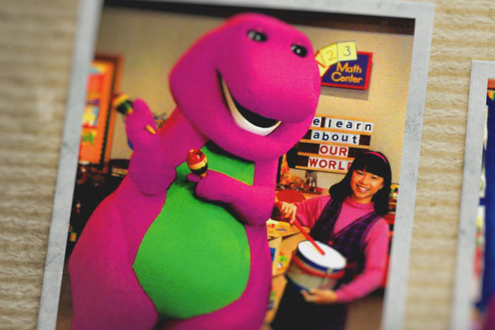 <em>I Love You, You Hate Me</em> examines what makes people (men especially) so hostile to a children's dinosaur. But it's spoiled by sensational side trips and settles on the idea that haters just need a hug. Above, Barney and Pia Hamilton as Min.