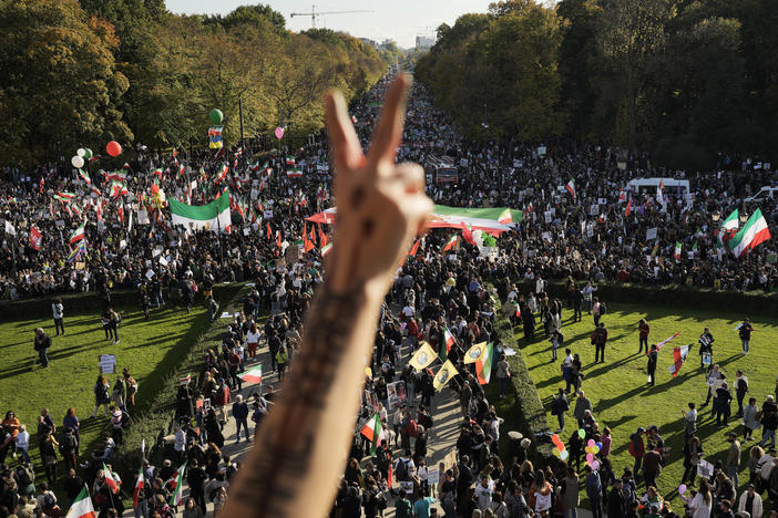 A man gestures as people attend a protest against the Iranian regime in Berlin on Saturday.