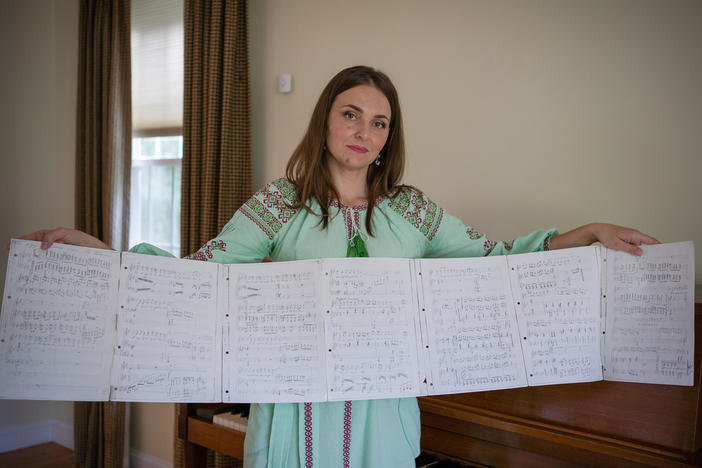 Olha Abakumova, an opera singer from western Ukraine, came to the U.S. with her daughter. (Her husband was not able to migrate.) Olha brought her most treasured sheet music for Ukrainian arias. "They connect me with my motherland, culture and my roots," she says. "When I'm singing, I see pictures in front of my eyes," she says. "The words and music move through me and take me back to Ukraine."