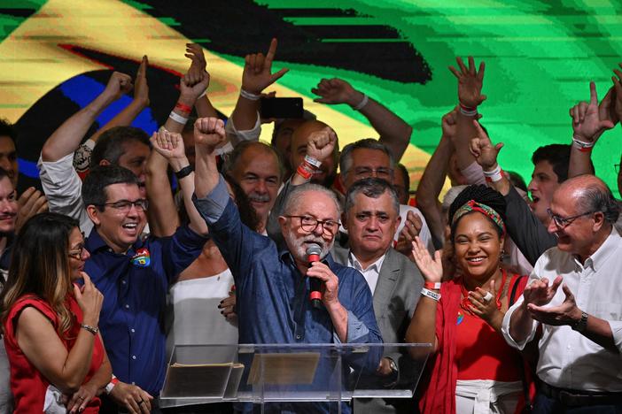 Luiz Inácio Lula da Silva speaks after winning the presidential runoff election in São Paulo on Sunday.