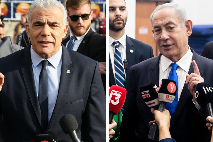 Left: Israeli Prime Minister Yair Lapid addresses the media outside a polling station in Tel Aviv on Tuesday. Right: Former Prime Minister Benjamin Netanyahu speaks to the press after casting his vote in Jerusalem on Tuesday.