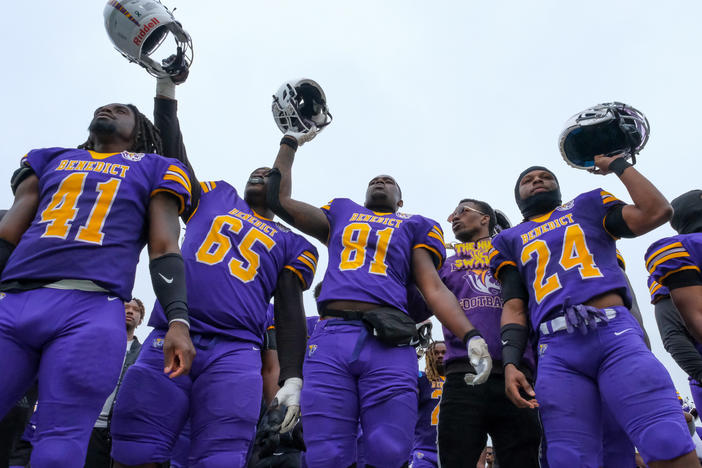 Members of the Benedict Tigers' football team celebrate after their homecoming win against the Clark Atlanta University Panthers on Oct. 29, 2022.