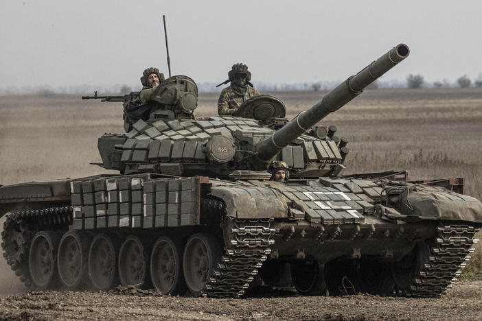 Ukrainian Armed Forces in a tank heading toward the Kherson front in Kherson region on Wednesday.