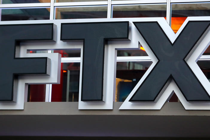A detailed view of the FTX sign prior to a game between the Phoenix Suns and Miami Heat at FTX Arena on November 14, 2022.