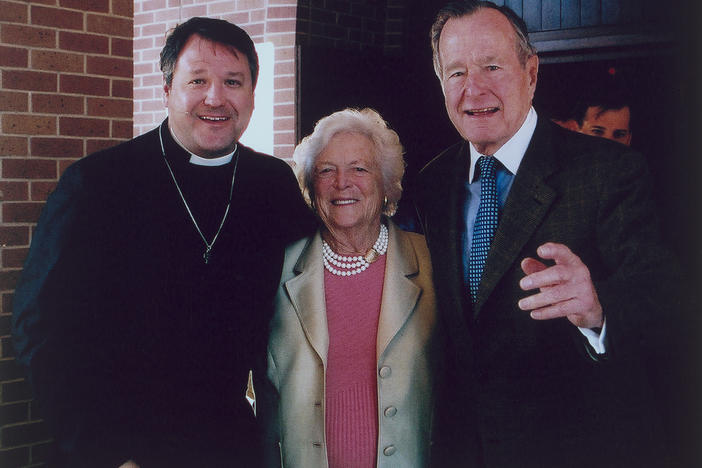 Rev. Russell Levenson, Jr. of St. Martin's Episcopal Church in Houston with former first lady Barbara Bush and former President George. H.W. Bush after a morning worship service. Levenson details his friendship with the Bushes and what he learned from them and how they lived their faith in his new book <em>Witness to Dignity: The Life and Faith of George H.W. and Barbara Bush.</em>