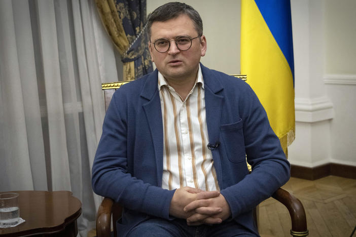 Ukraine's Foreign Minister Dmytro Kuleba talks during an interview with The Associated Press in Kyiv on Monday.