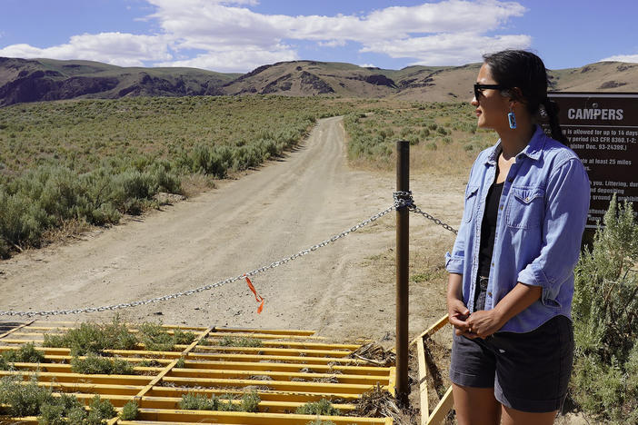 Daranda Hinkey, a member of People of Red Mountain, in Humboldt County, Nev., on July 2, 2022. The planned Thacker Pass lithium mine in northern Nevada, the largest known lithium deposit in the United States, has drawn concerns and protests from environmental groups, Native American tribes and local ranchers.