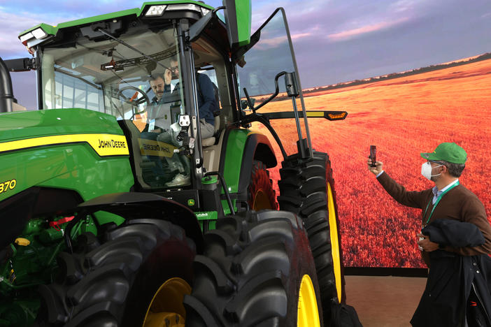 A John Deere autonomous tractor is on display at CES 2022 in Las Vegas, Nevada.