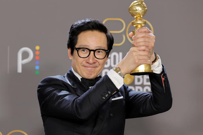 Ke Huy Quan poses with the Best Supporting Actor in a Motion Picture award for <em>Everything Everywhere All at Once</em> during the 80th Annual Golden Globe Awards at The Beverly Hilton on Jan. 10, 2023 in Beverly Hills, Calif.