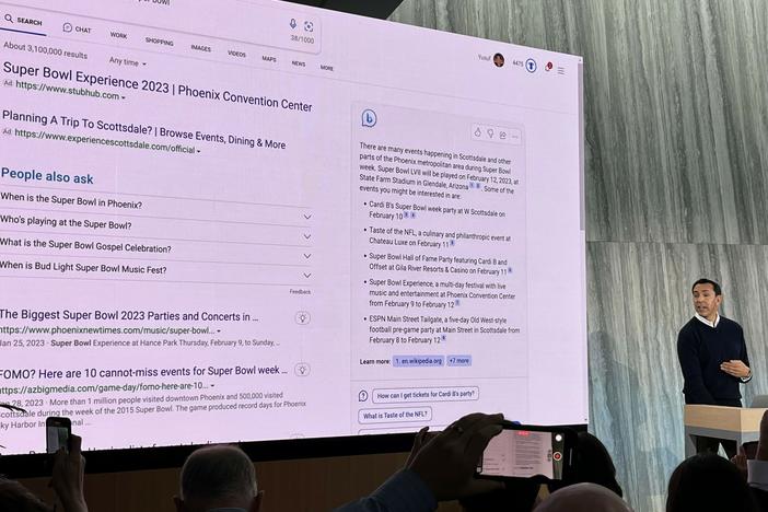 Microsoft executive Yusuf Mehdi shows off the company's relaunched Bing search engine powered by artificial intelligence.