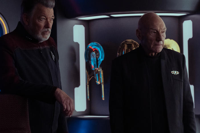 Jonathan Frakes as Will Riker and Patrick Stewart as Jean-Luc Picard.