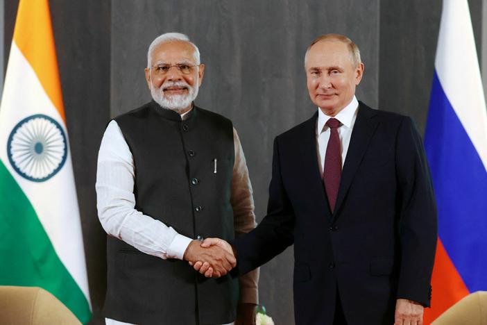 Russian President Vladimir Putin meets with India's Prime Minister Narendra Modi on the sidelines of the Shanghai Cooperation Organisation leaders' summit in Samarkand, Uzbekistan, on Sept. 16, 2022.